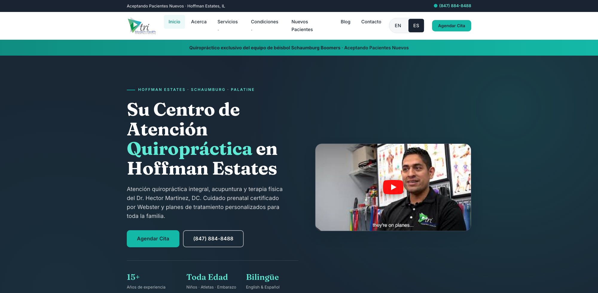 The same Tri Modern Health homepage in Spanish — Su Centro de Atención Quiropráctica en Hoffman Estates, with identical design and booking button.
